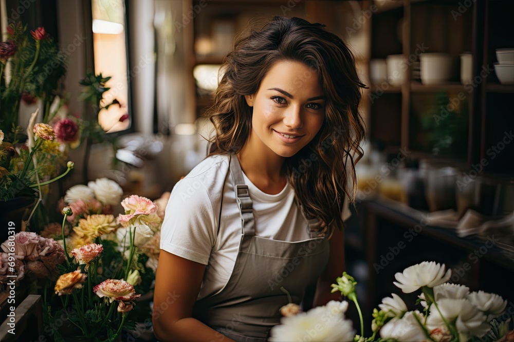 Attractive woman flower shop owner in apron holding bouquet of flowers at florist store. Small business. Flowers delivery, creating order