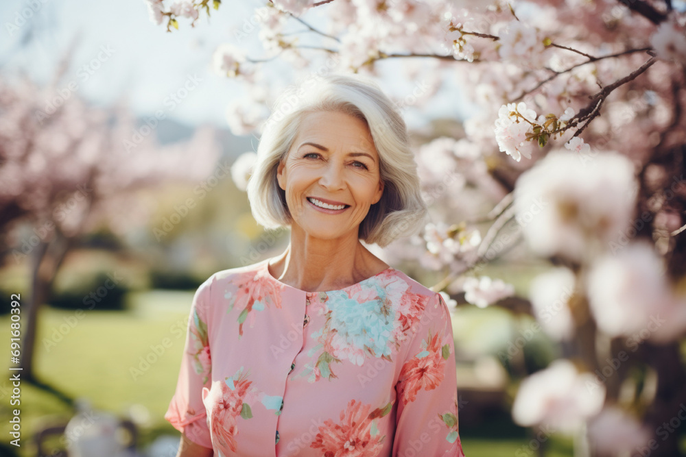 Medium shot portrait photography of a a pleased woman in her 50s that is wearing pastel-colored Easter dress with floral patterns against a family gathering in a blooming garden for Easter background Medium shot portrait photography of a a pleased woman in her 50s that is wearing pastel-colored Easter dress with floral patterns against a family gathering in a blooming garden for Easter background