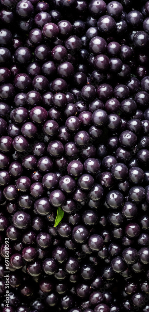 Fresh acai berry fruits, closeup macro detail. Vertical banner. Generative AI