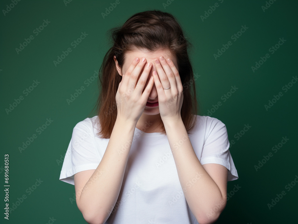 Stock photography portrait of an person facepalming, wearing a plain black t-shirt, isolated on a plain yellow colored background Stock photography portrait of an person facepalming, wearing a plain black t-shirt, isolated on a plain yellow colored background