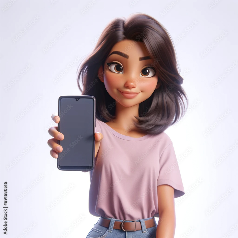 A girl smiling and showing the screen of her tablet or smartphone A girl smiling and showing the screen of her tablet or smartphone