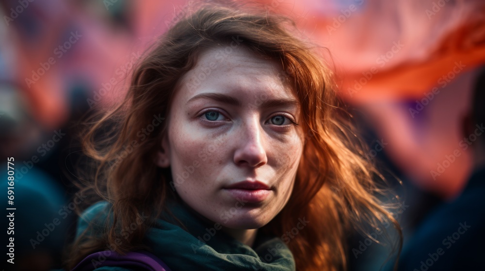 A woman stands before a crowd of people during a protest. A woman stands before a crowd of people during a protest.