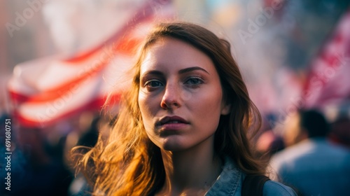 A woman stands before a crowd of people during a protest.