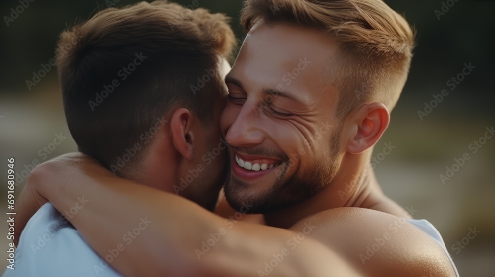 Two men smiling and hugging each other with love. Two men smiling and hugging each other with love.