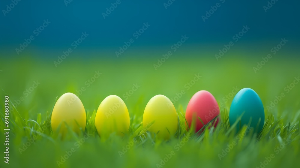 Easter eggs scattered in lush green grass, creating a colorful and festive scene of celebration. Easter eggs scattered in lush green grass, creating a colorful and festive scene of celebration.