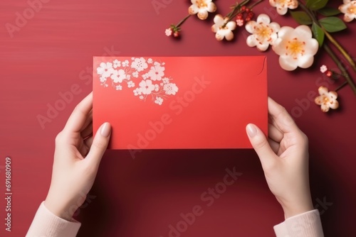 Hands holding chinese new year red gift envelope