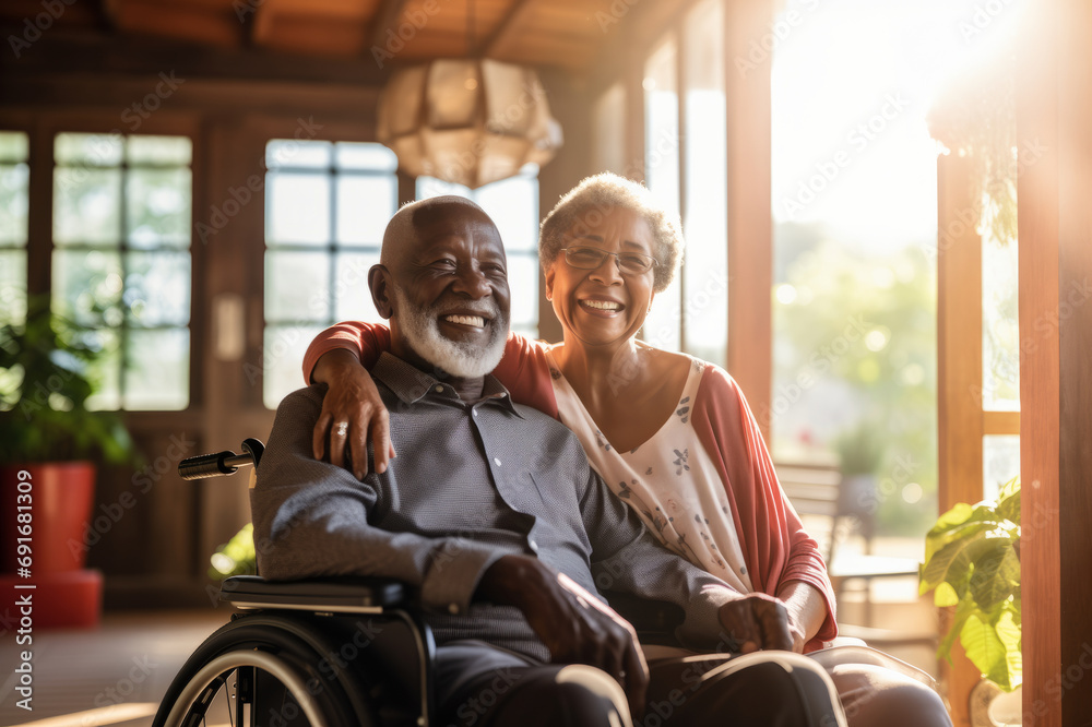 Beautiful loving couple in a retirement home. Senior man in a wheelchair laughing happily with a senior lady in a nursing home. Housing facility intended for the elderly people. - obrazy, fototapety, plakaty 