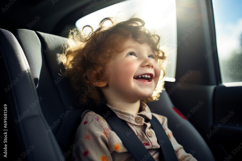 Cute cheerful child sitting in a car seat. Child entertainment on a road trip. Traveling by car with kids.