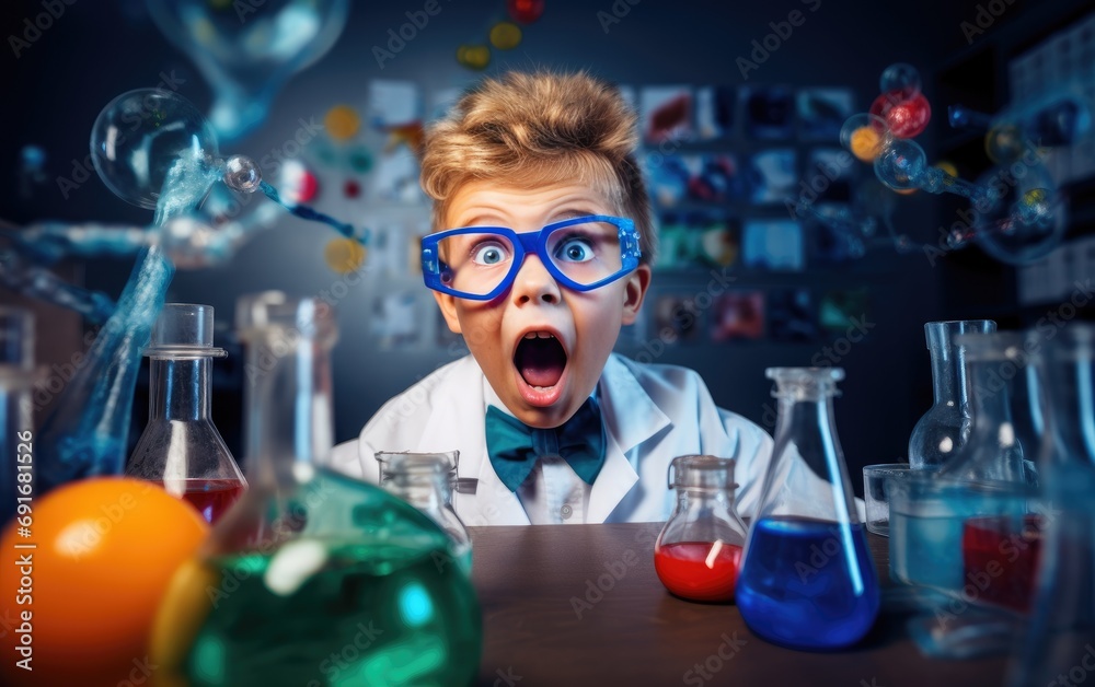 Kid boy with an astonished and surprised look dressed as a chemistry teacher conducting experiments in his room - obrazy, fototapety, plakaty 
