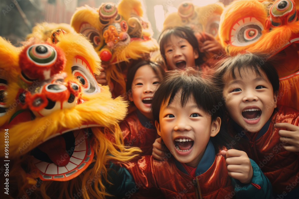 Cheerful group of Asian children celebrating Chinese New Year. Happy kid friends having fun during New Year celebration in Asian town. Cheerful group of Asian children celebrating Chinese New Year. Happy kid friends having fun during New Year celebration in Asian town.