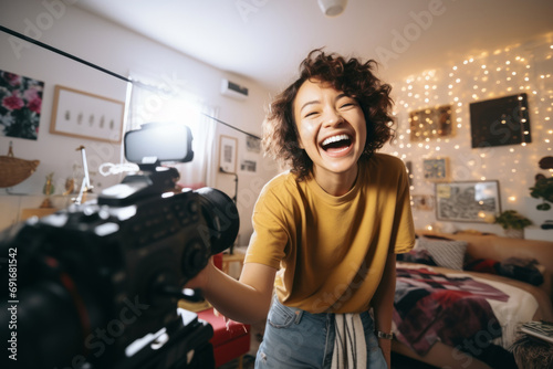 Beautiful young woman recording video blog with her camera. Teen influencer creating content for her social media account. Social media and blogging concept. photo