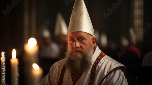 A bearded priest wearing a white hat, symbolizes his religious role and traditional attire. photo