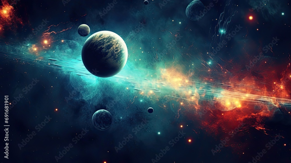 Beautiful space landscape with planet and nebula in the night sky wallpaper background