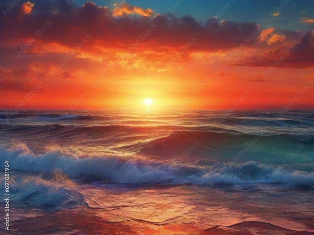 Fantasy sunset over ocean or sea.