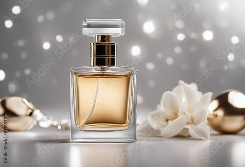 Elegant bottle of perfume with glittering lights in background