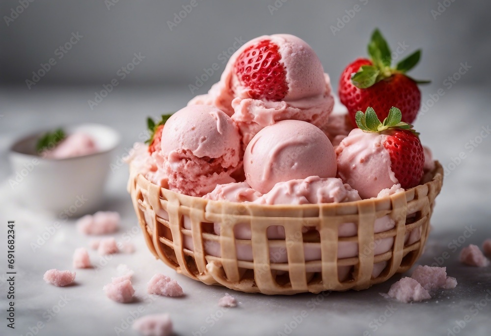 Strawberry ice cream in waffle basket Strawberry ice cream in waffle basket