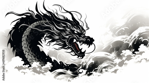 A black dragon with white clouds