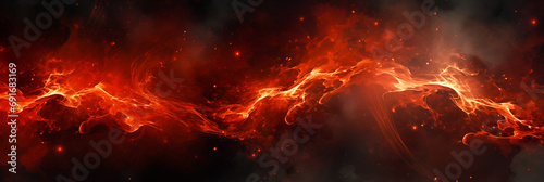 An abstract long wallpaper banner with textures of fire and smoke. Generative AI.