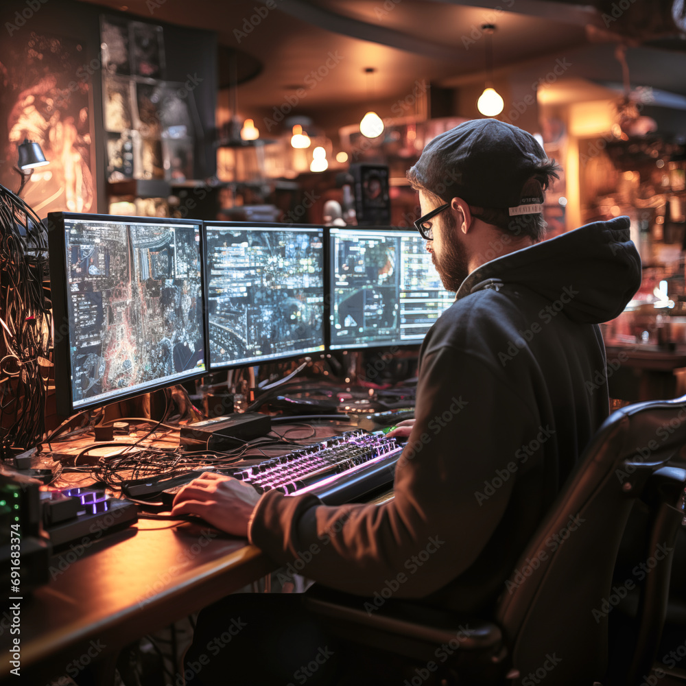 Hacker bei der Arbeit, Computer-Equipment im Wohnzimmer eingerichtet Hacker bei der Arbeit, Computer-Equipment im Wohnzimmer eingerichtet