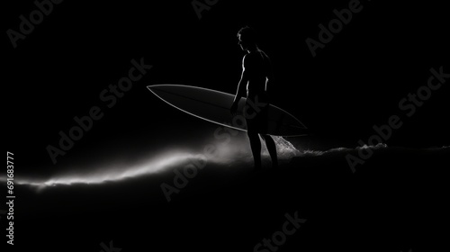 Silhouette of surfer , black and white, isolated on black background, empty black background.