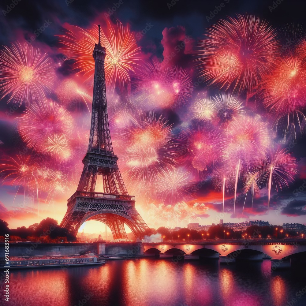 fireworks over the Eiffel Tower in Paris, France