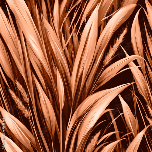 Peach Fuzz grasses with spikelets of beige color close-up. Abstract natural background of soft plants monochrome color 2024.
