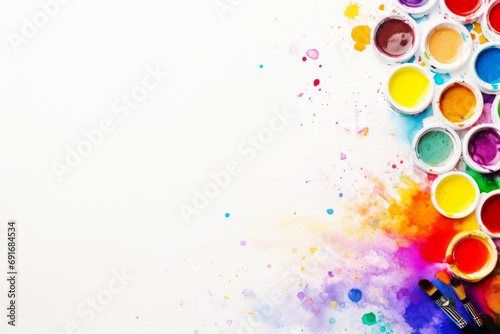 Brushes and Watercolor Colorful Paints at White Background. Flat Lay, Top View, Copy Space