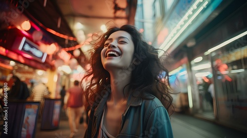 a happy woman joyfully shopping in a bustling city street, with glowing neon signs. generative AI