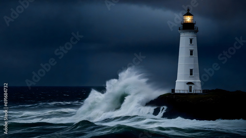 Dramatic lighthouse enduring a raging hurricane during twilight hour. Swirling winds and crashing waves batter the structure, creating a heart-pounding shot capturing nature's wrath and adversity.