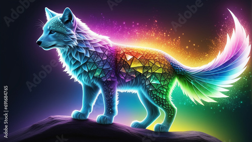 Mythical neon creature abstract illustration illuminated by neon glassy colors over abstract background © Almas