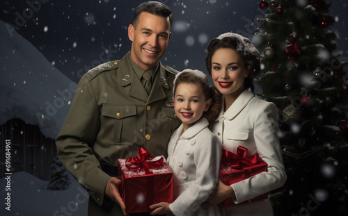 military father and children near christmas tree