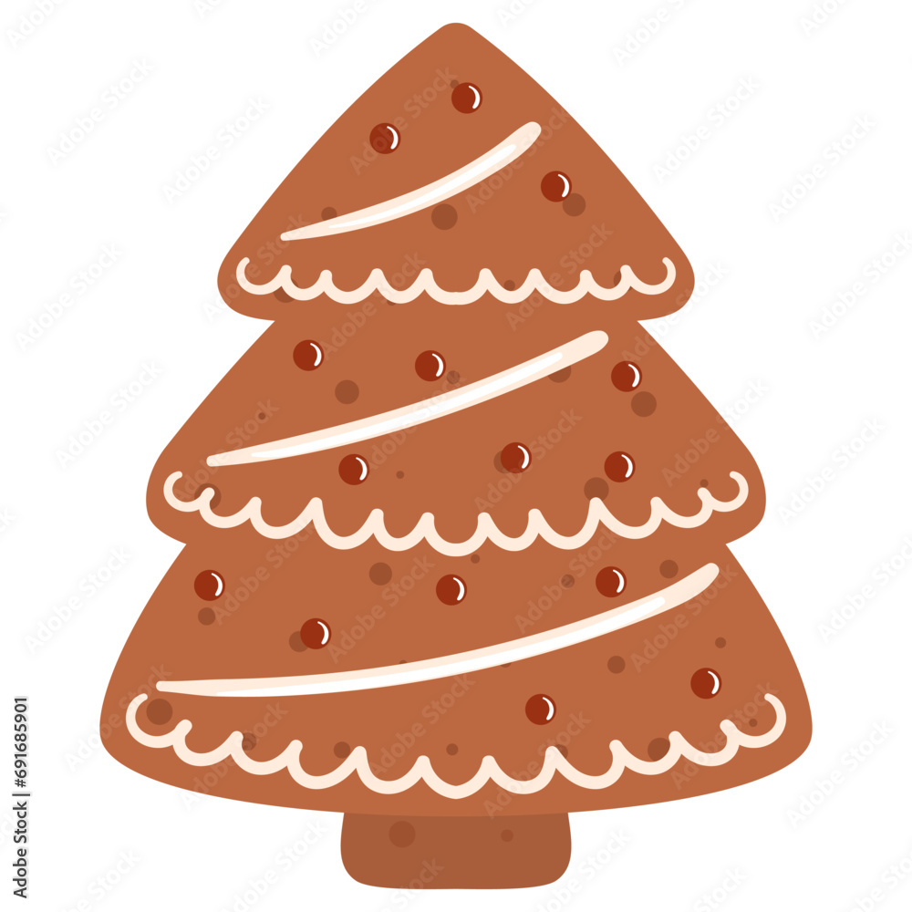 Winter traditional gingerbread cookie. Christmas tree with red and white glaze. Winter traditional gingerbread cookie. Christmas tree with red and white glaze.