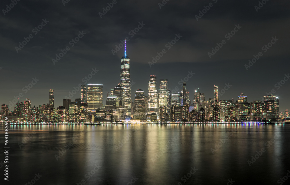 Fototapeta premium downtown manhattan skyline view (new york from jersey city) travel tourism destination (after sunset, dusk, night, dark) water reflection in hudson river (world trade center detail)