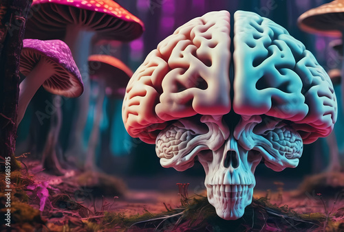 Psychology brain and skull next to magic mushrooms photo