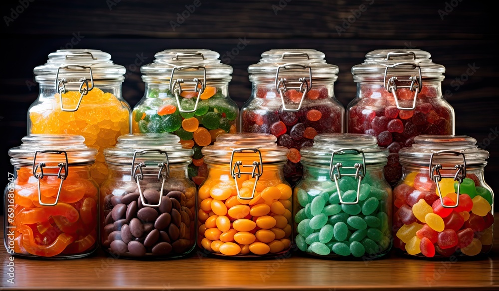 Glass jars with different candies bright colorful photo Glass jars with different candies bright colorful photo