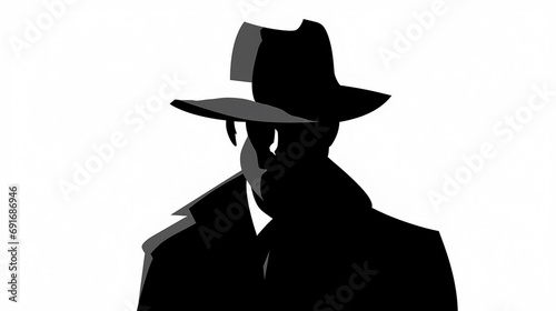 Silhouette of a mysterious man in a hat. Retro style vector illustration of noir gentleman. Mafia steampunk icon symbol logo isolated on white background 