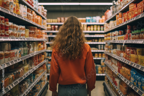 A woman comparing products in a grocery store. problematic global economy. food economy