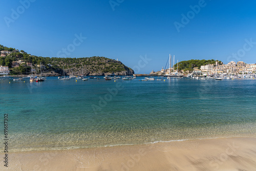 Beautiful view of the Port de Soller coastline. Harbor with many yachts and ships. Mallorca island, Spain, Mediterranean Sea. Balearic Islands