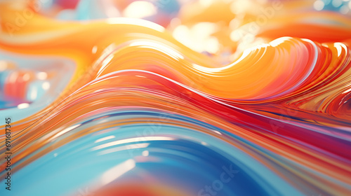 Abstract graphic of bright colors flowing in the water, in the style of Vray tracing, thick paint layers, light orange and blue, glossy finish, precisionist lines photo