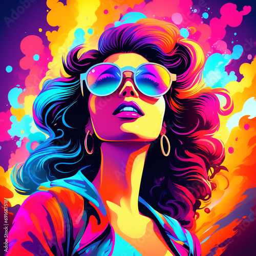 Woman with neon glasses abstract art background over black background neon colors