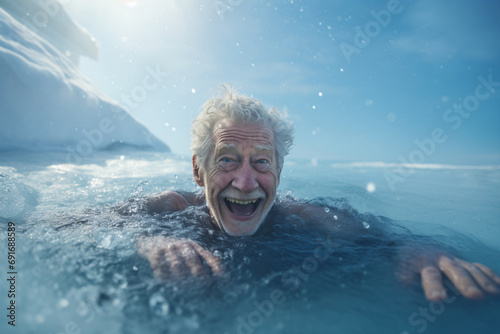 Portrait of an elderly man smiling while she is swimming in ice-cold water © Dennis