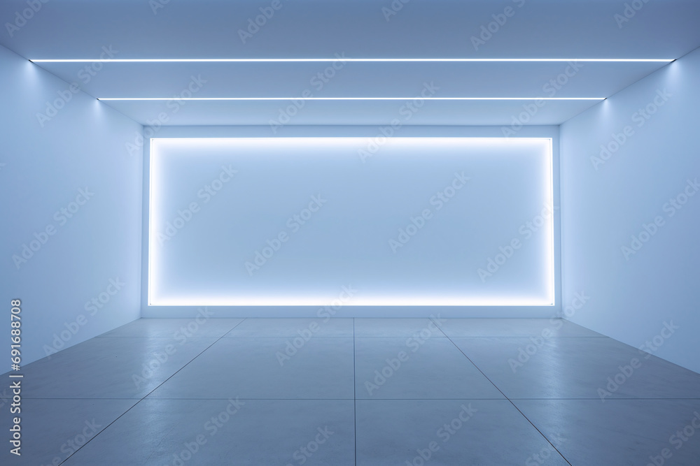 Empty room with white neon lights for product presentation