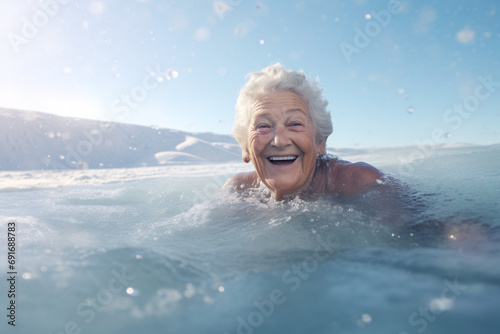Portrait of an elderly woman smiling while she is swimming in ice-cold water © Dennis