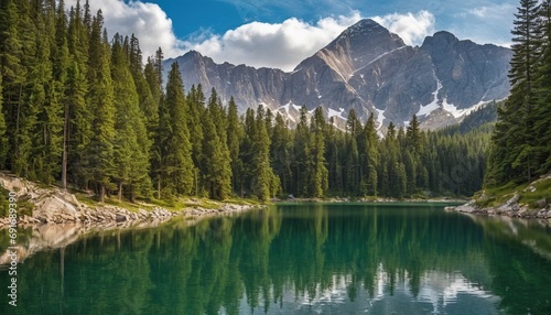 A serene lake surrounded by pine trees and mountains in the background.