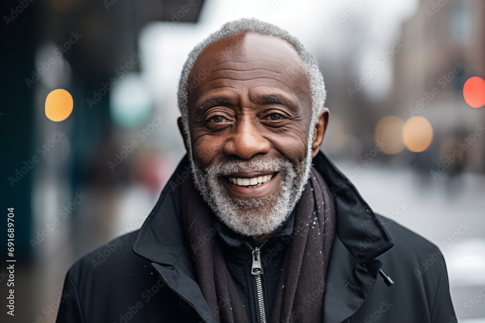 Urban Elegance Captured in a Smiling Elderly Black Man