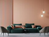 Livingroom in trend peach fuzz interior color 2024 year. A pastel wall accent paint background. Peach green emerald of room interior design. Apricot salmon luxury scene and pillows. 3d render