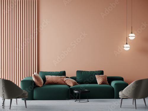 Livingroom in trend peach fuzz interior color 2024 year. A pastel wall accent paint background. Peach green emerald of room interior design. Apricot salmon luxury scene and pillows. 3d render photo
