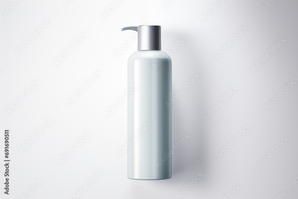 minimalist shampoo bottle with silver cap on white background, template with blank space for text or design, packaging mockup minimalist shampoo bottle with silver cap on white background, template with blank space for text or design, packaging mockup