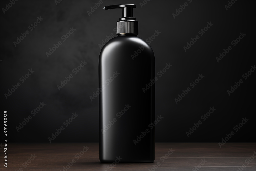 black minimalist shampoo bottle with black cap on black background, template with blank space for text or design, packaging mockup
