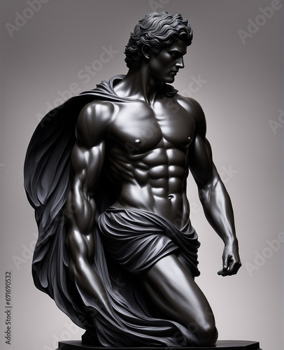 Divine Form: A Marvelous Sculpture Showcasing a Man's Muscles, Abs, and Flowing Locks